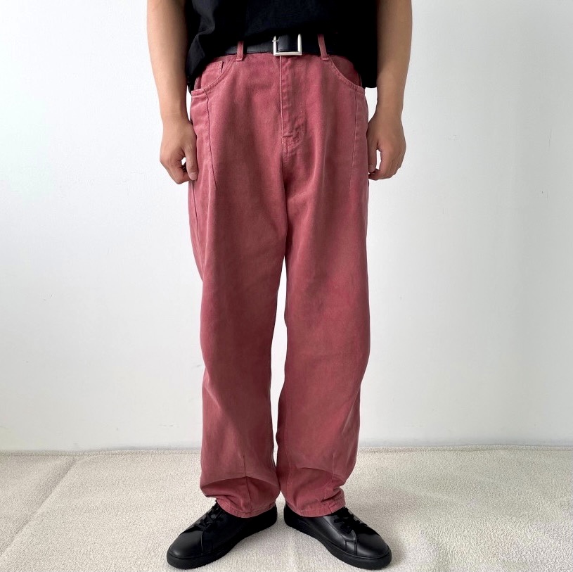 스트럭처드 워싱 컬러 데님 와이드 팬츠 남자 핑크 바지 면 (4color) (남녀공용)