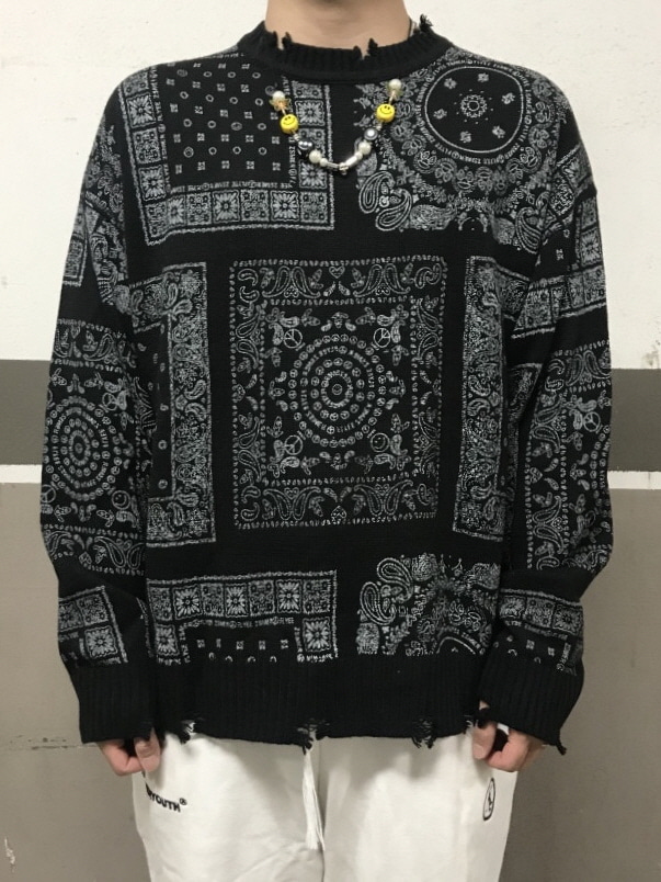 페이즐리 니트 반다나 데미지 오버핏 스웨터 (남녀공용) (2color)