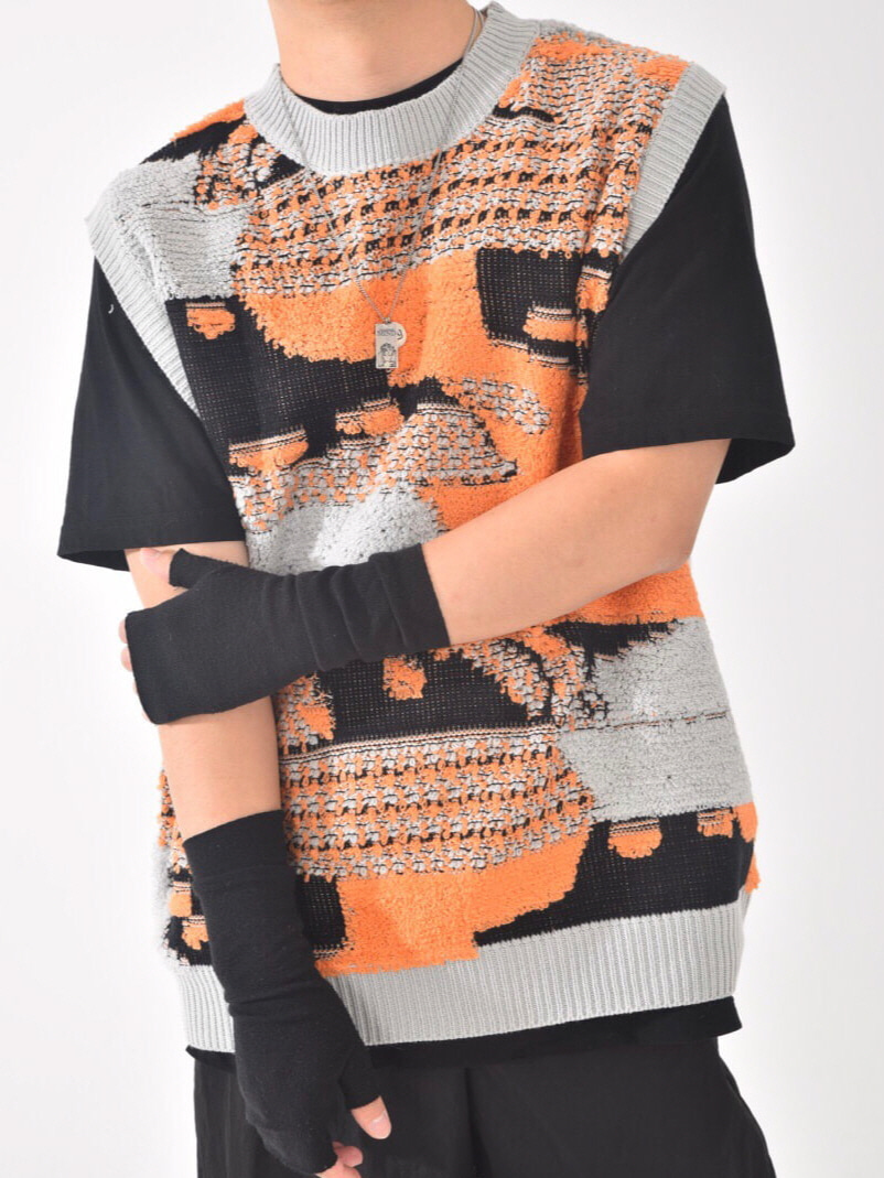 빈티지 니트 조끼 스트릿 오버핏 카모 패턴 오렌지 (남녀공용) (2color)